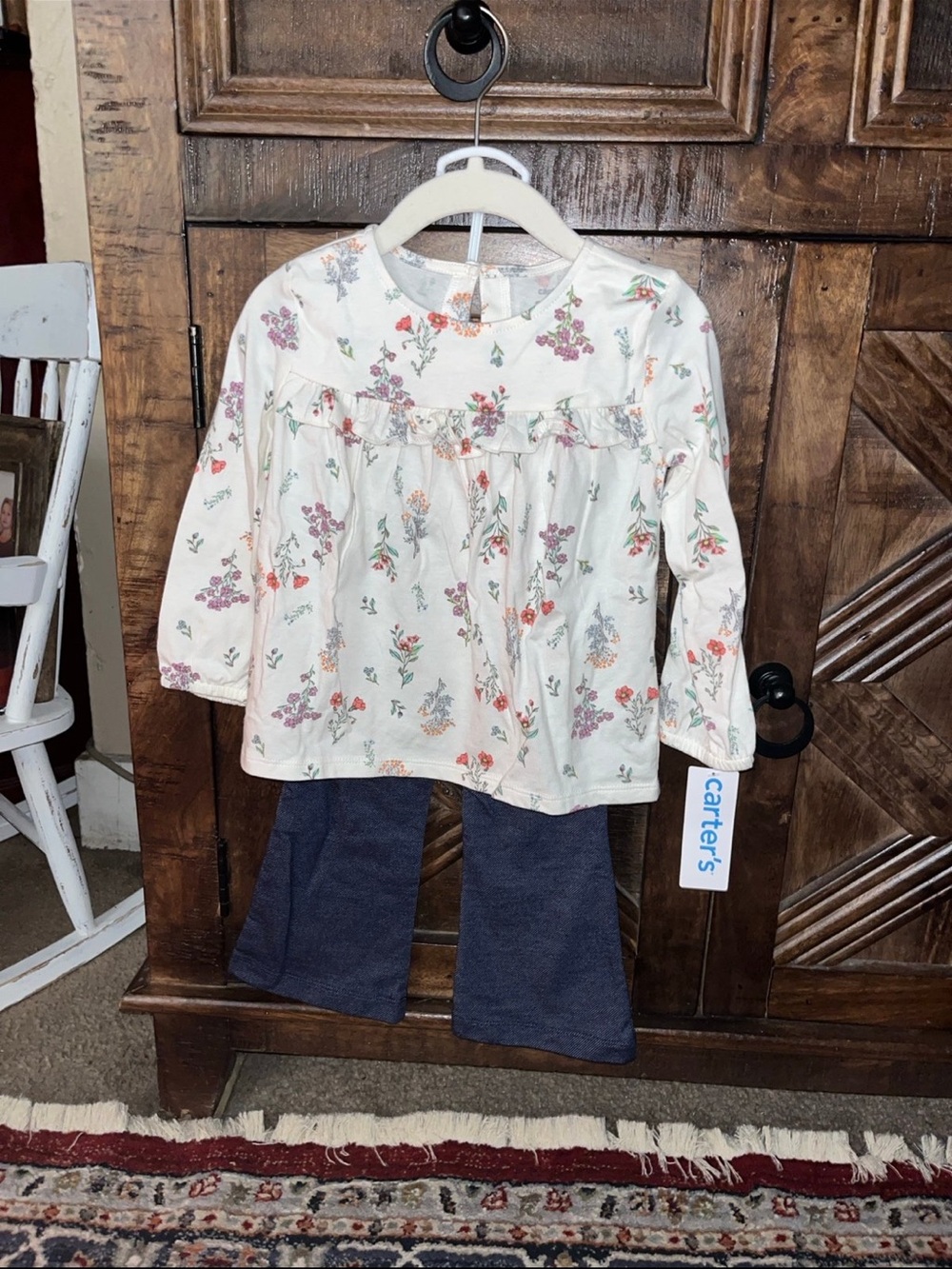 Carter's Cream Floral Long Sleeve Top and Navy Pants Set